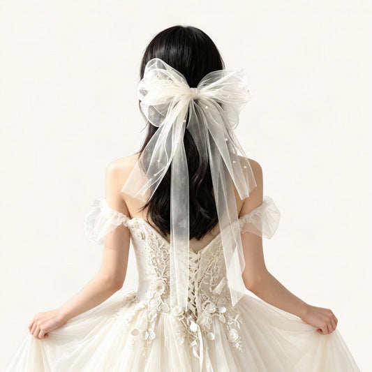 White organza pearl bow rear worn styling [FITINY Hair]