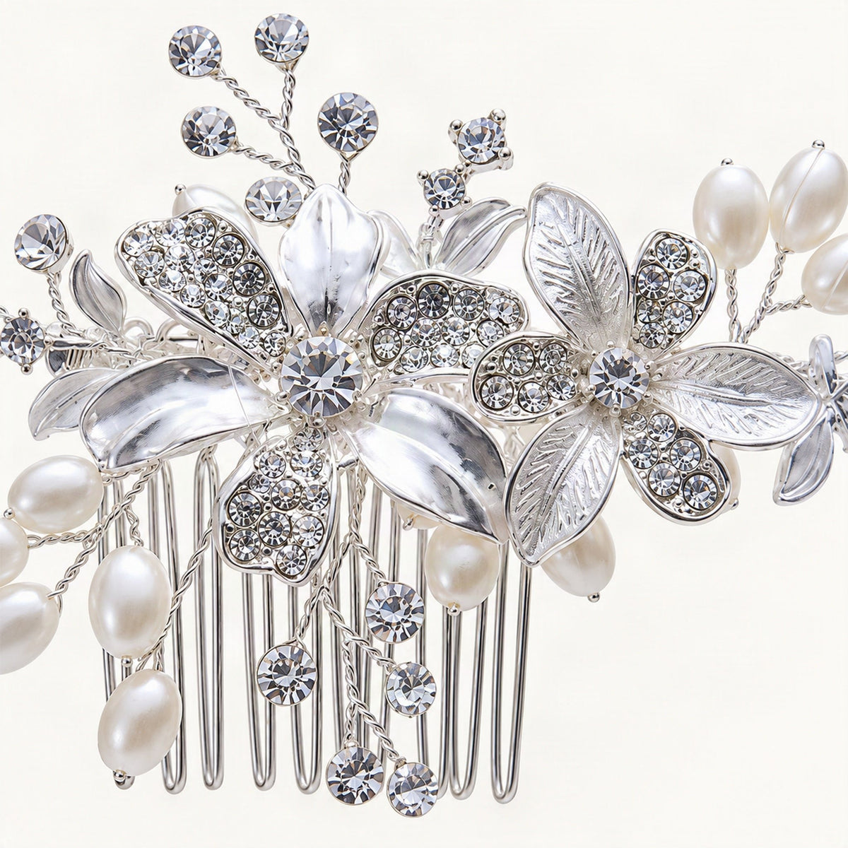 Silver bridal comb metallic flowers pearl and rhinestone detail [FITINY Hair]