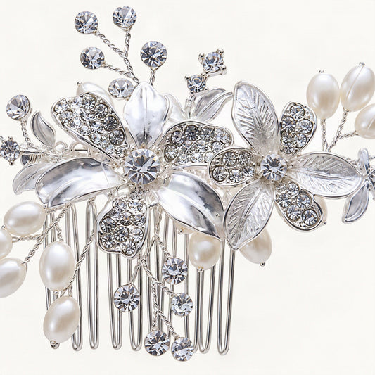 Silver bridal comb metallic flowers pearl and rhinestone detail [FITINY Hair]