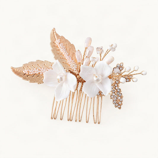Rose gold orchid flower comb oblique view [FITINY Hair]