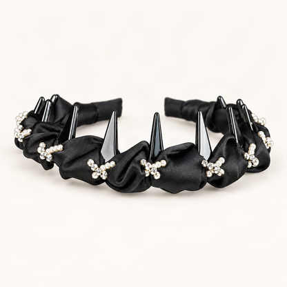 Satin Pearl Rhinestone Headband — black satin headband, rear view of inner teeth [FITINY Hair]