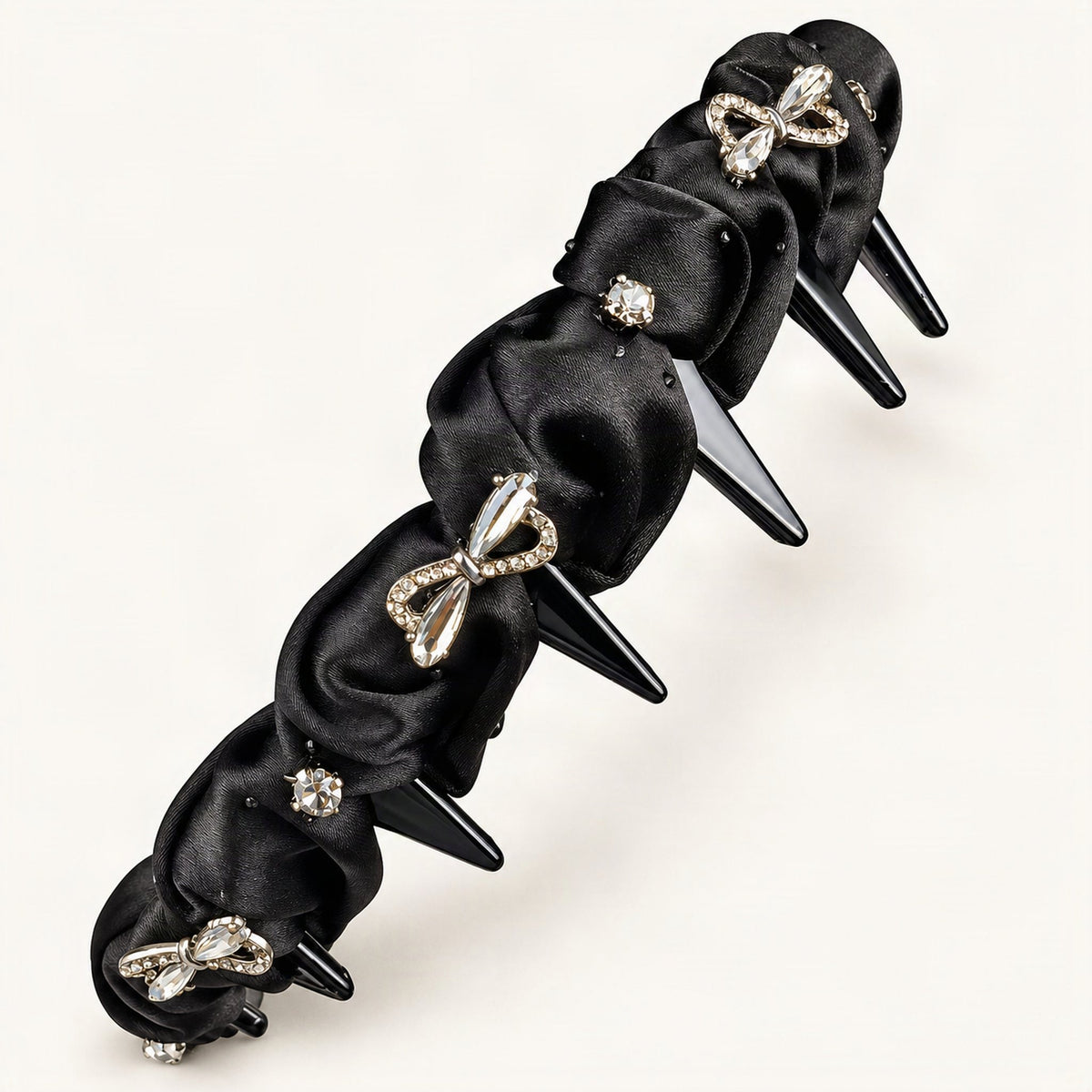 Black satin headband — rhinestone bows, pleated fabric and comb teeth detail [FITINY Hair]