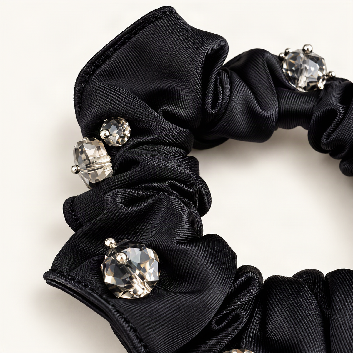 Satin Scrunchie with Crystal Bead Accents — close-up of black satin and crystal detail [FITINY Hair]