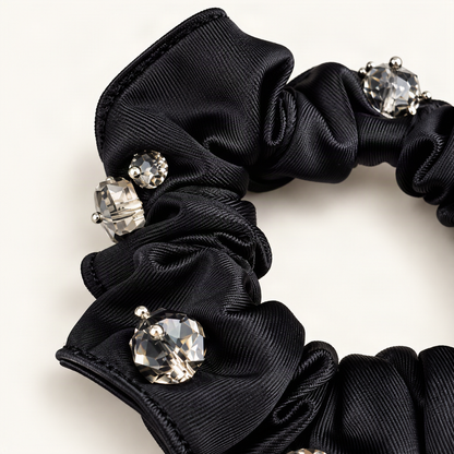 Satin Scrunchie with Crystal Bead Accents — close-up of black satin and crystal detail [FITINY Hair]