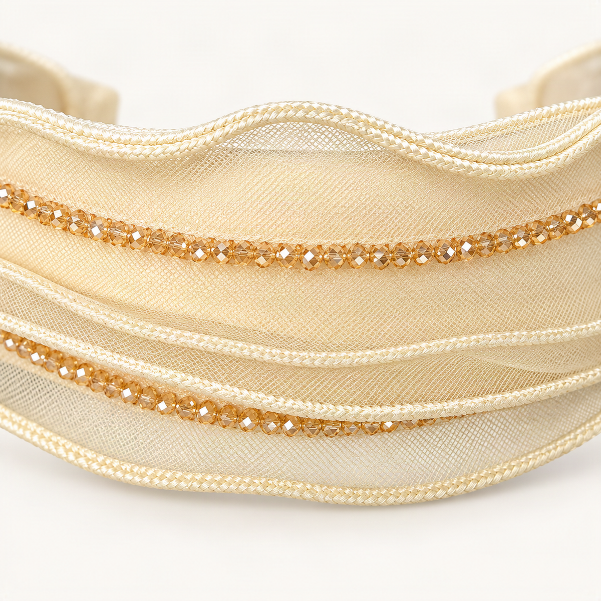 Cream layered mesh headband material and rhinestone trim detail [FITINY Hair]