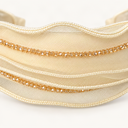 Cream layered mesh headband material and rhinestone trim detail [FITINY Hair]