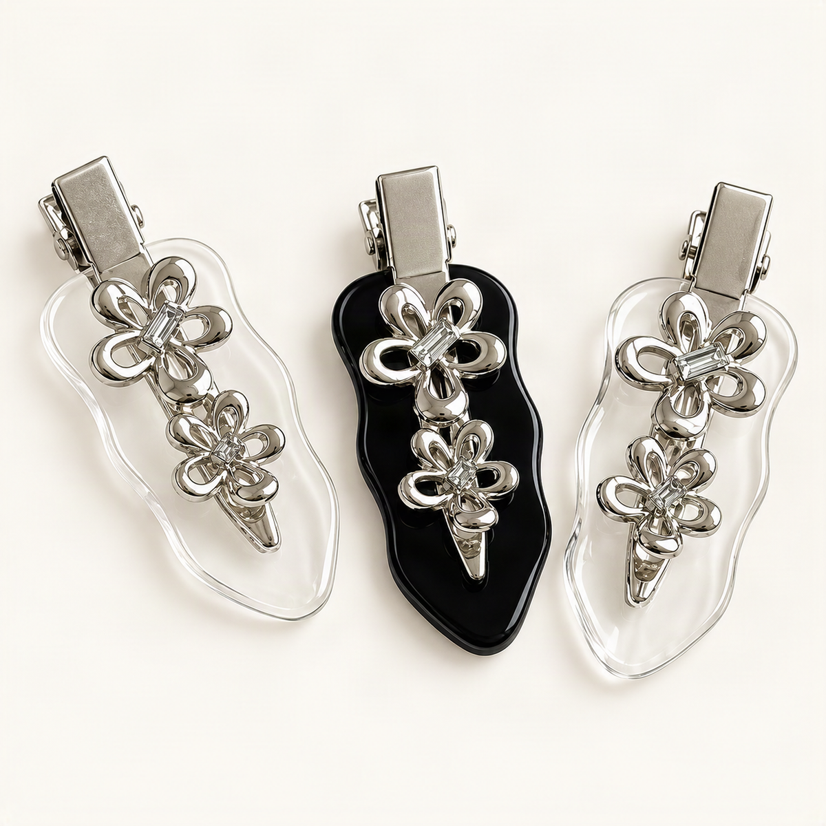 Acetate Side Hair Clip with Metal Flower Detail — black and clear variants together [FITINY Hair]
