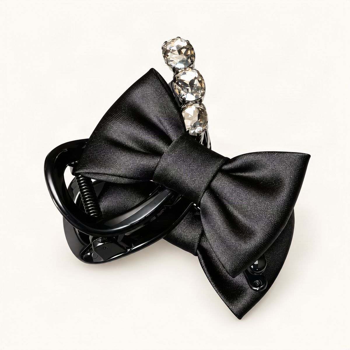 Black satin bow claw clip with rhinestone trim, side view [FITINY Hair]