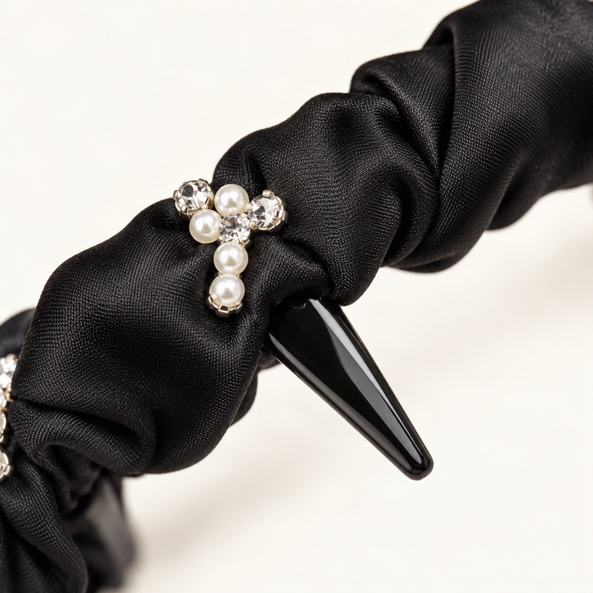Satin Pearl Rhinestone Headband — black satin, faux pearl and rhinestone close-up [FITINY Hair]
