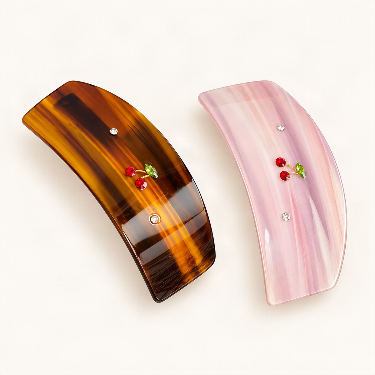 Pink Stripe and Amber Stripe acetate spring hair clips, side-by-side detail [FITINY Hair]