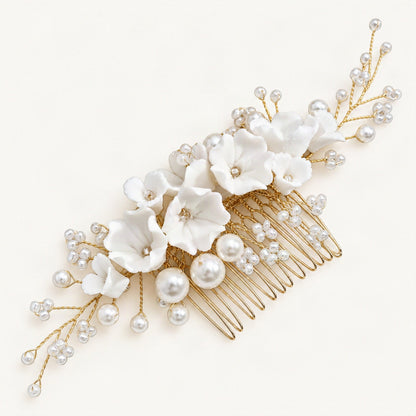 Gold sculpted floral pearl comb oblique detail [FITINY Hair]