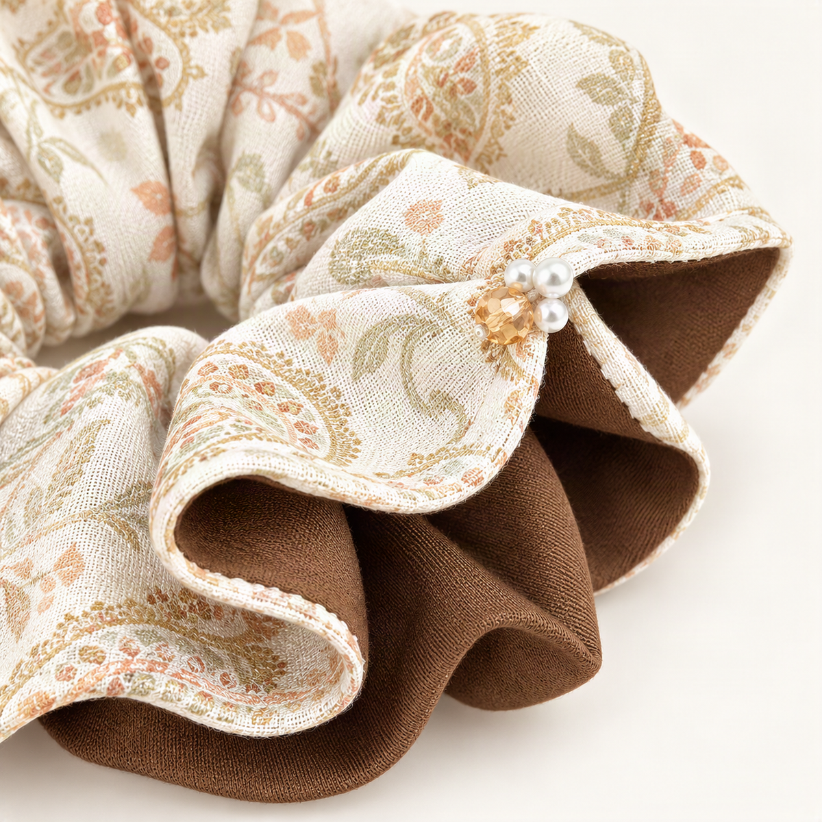 Fabric Double-Layer Ruffle Pearl Scrunchie — close-up of floral fabric and pearl detail [FITINY Hair]