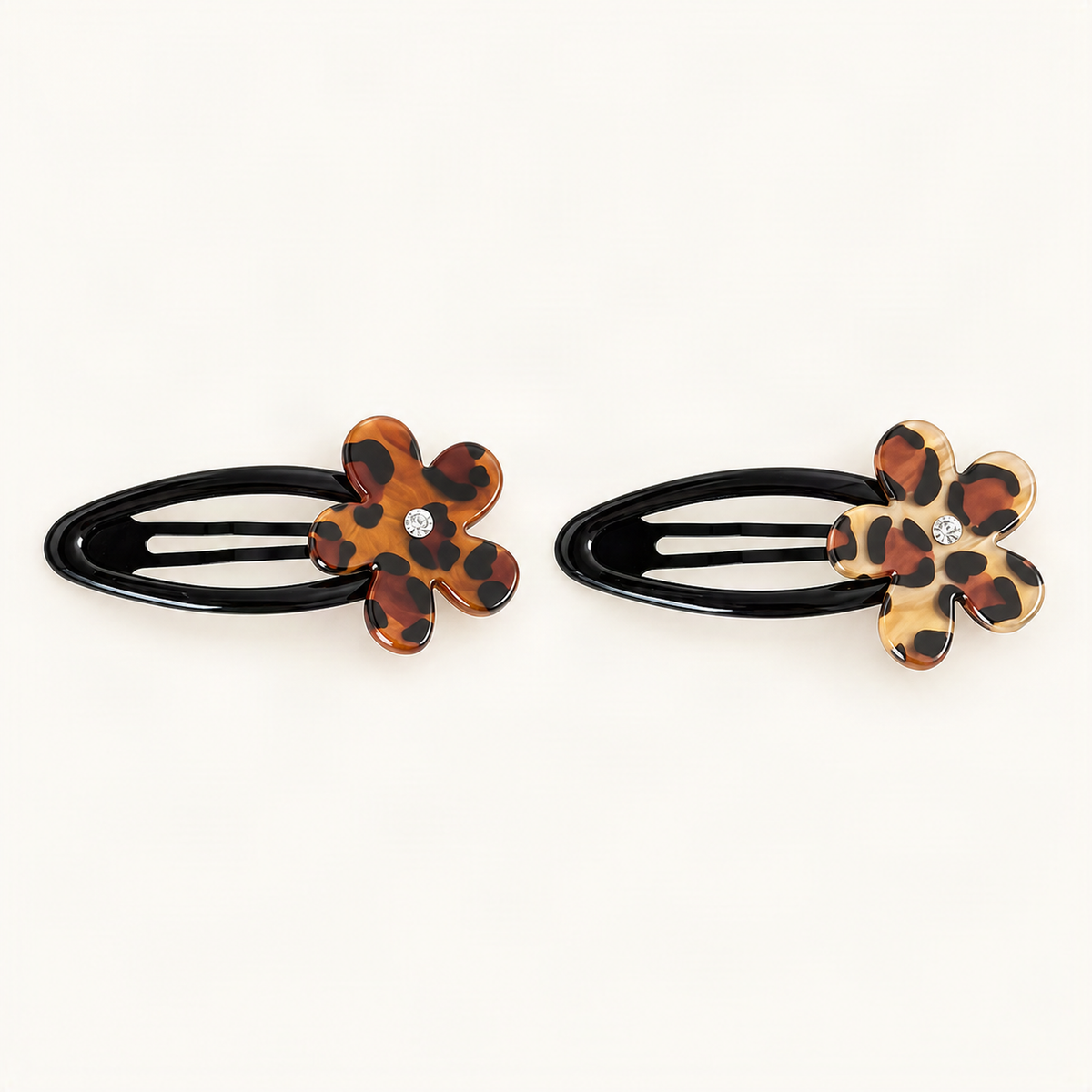 Chocolate Leopard and Latte Leopard flower hair clips together on warm ivory [FITINY Hair]