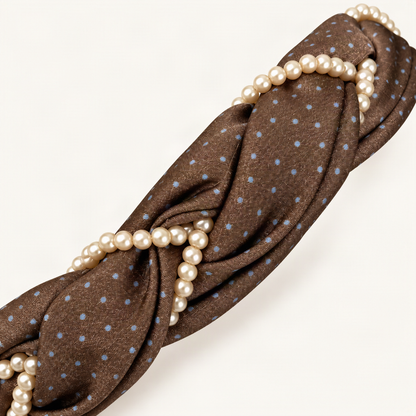 Chocolate polka dot satin and pearl beading material detail on warm ivory [FITINY Hair]