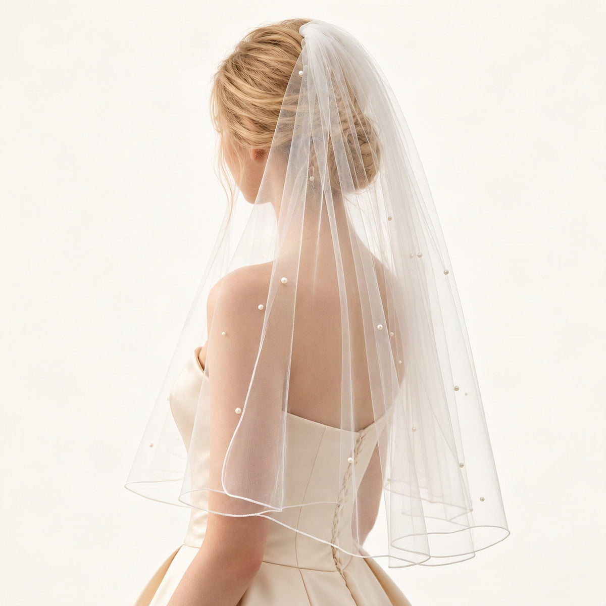 White pearl bridal veil side rear wearing view no face [FITINY Hair]