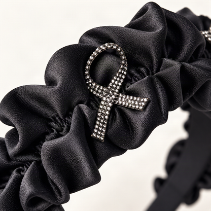 Rhinestone Bow Satin Padded Headband with Ruffled Trim — close-up of rhinestone bow and satin trim [FITINY Hair]