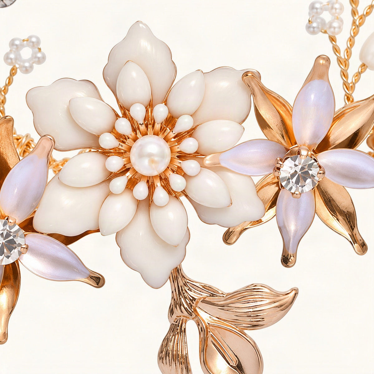 Gold floral bridal accessory white flower and crystal detail [FITINY Hair]