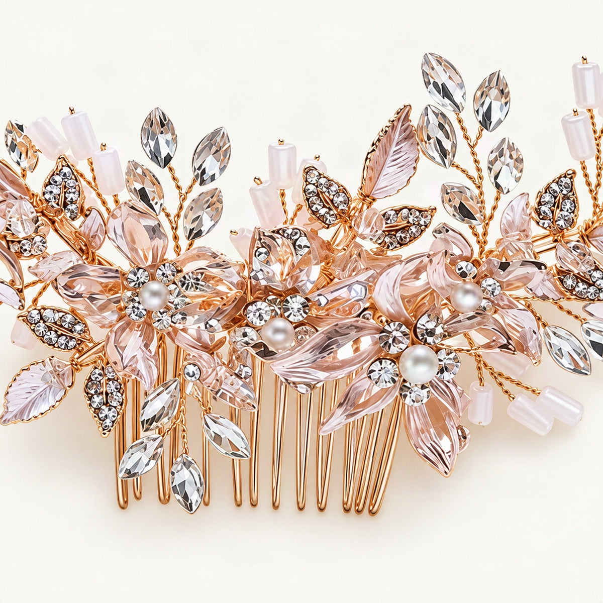 Gold floral bridal comb pearl flower detail [FITINY Hair]