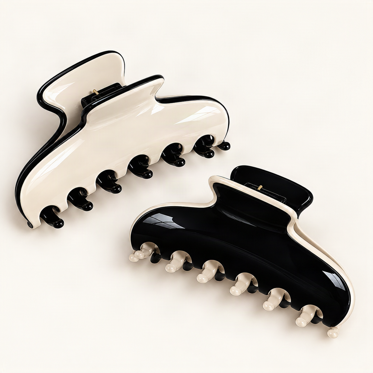 Cream and Black 11.5 cm acetate French-style hair jaw clips together on warm ivory [FITINY Hair]