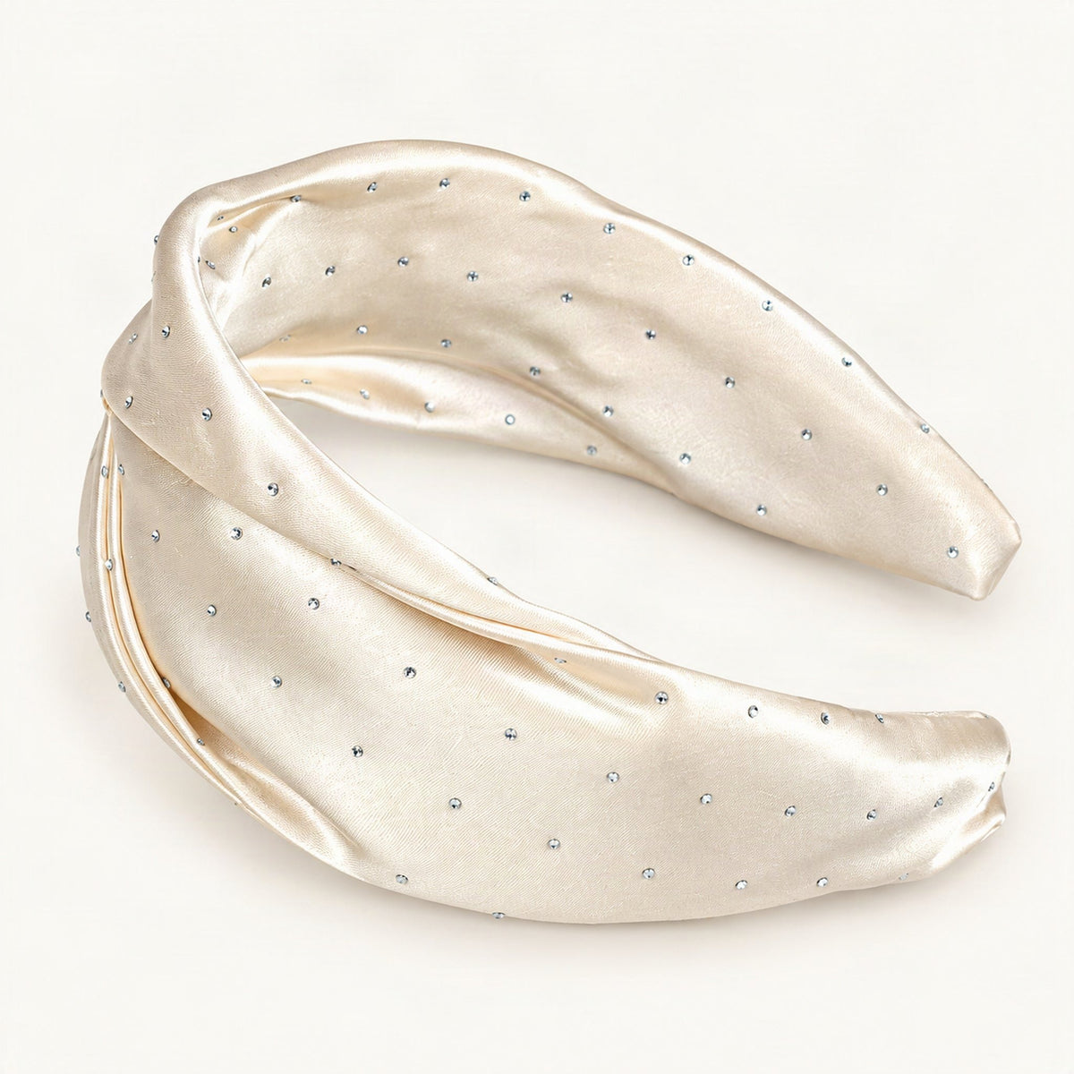 Wide Satin Rhinestone Headband for Women — white satin folded crown detail on warm ivory [FITINY Hair]