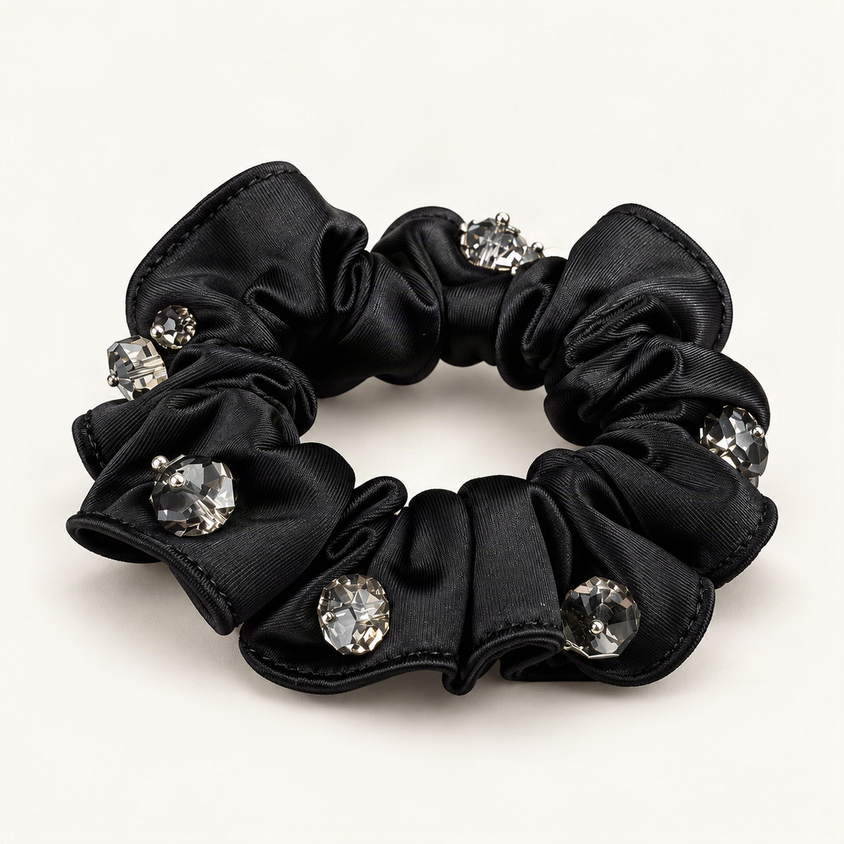 Satin Scrunchie with Crystal Bead Accents — black satin scrunchie side profile [FITINY Hair]
