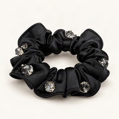 Satin Scrunchie with Crystal Bead Accents — black satin scrunchie side profile [FITINY Hair]