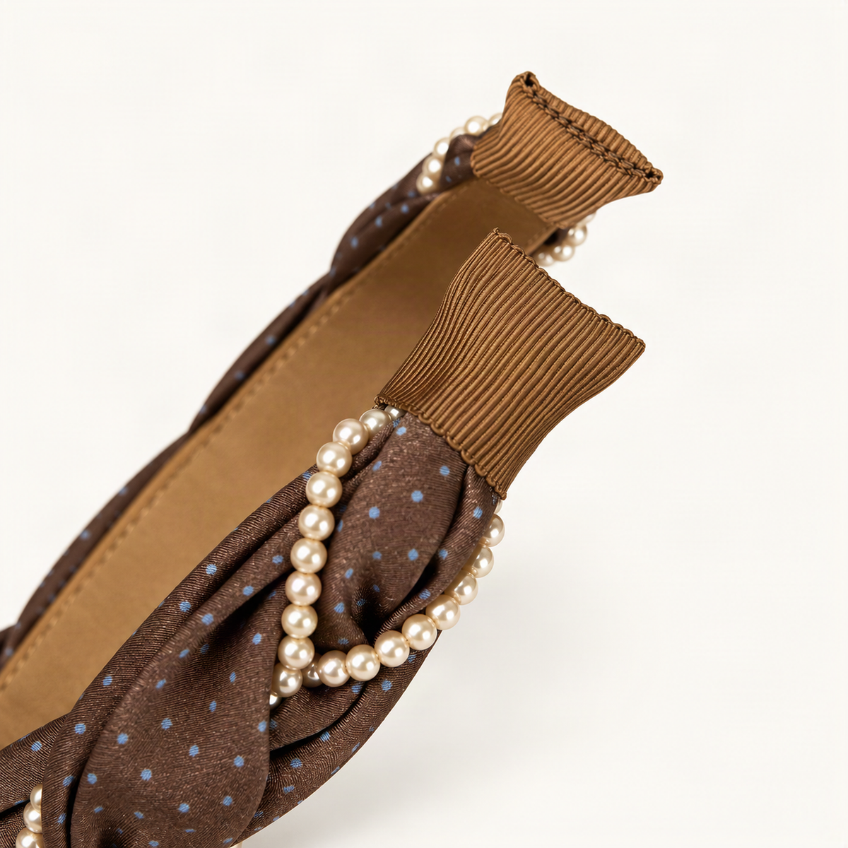 Chocolate polka dot satin headband ribbed end and inner lining detail on warm ivory [FITINY Hair]
