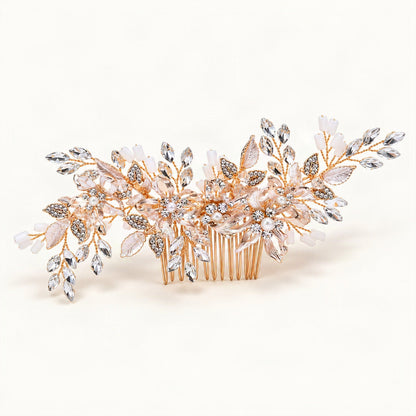 Gold floral bridal comb angled front view [FITINY Hair]