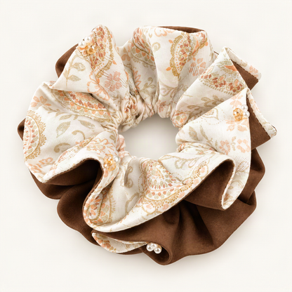 Fabric Double-Layer Ruffle Pearl Scrunchie — brown and floral double-layer scrunchie, overhead view [FITINY Hair]