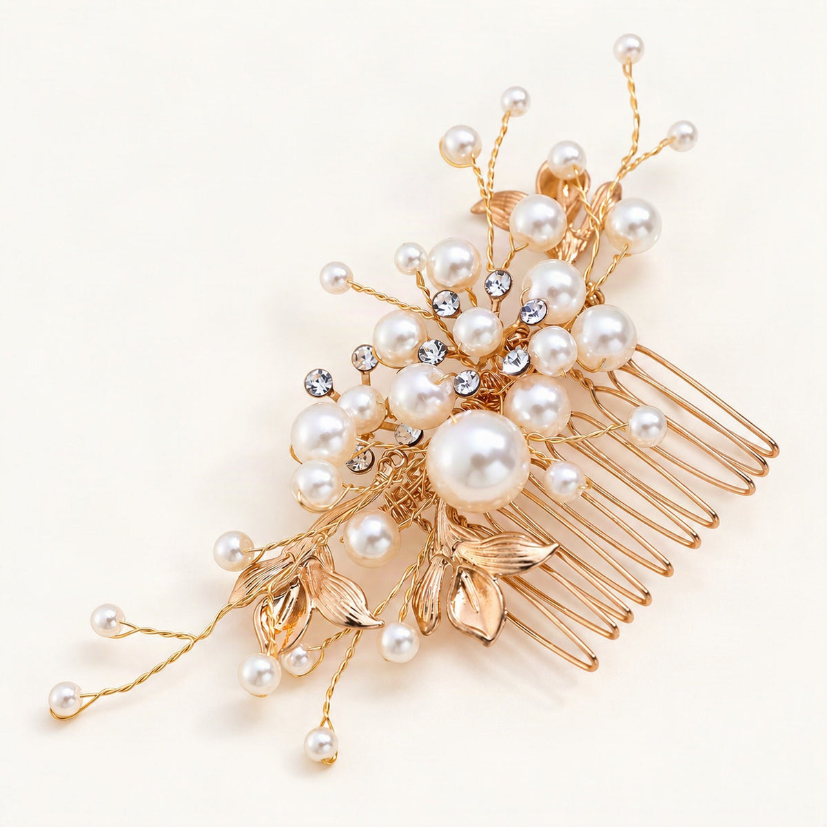 Pearl and leaf bridal comb - angled detail [FITINY Hair]