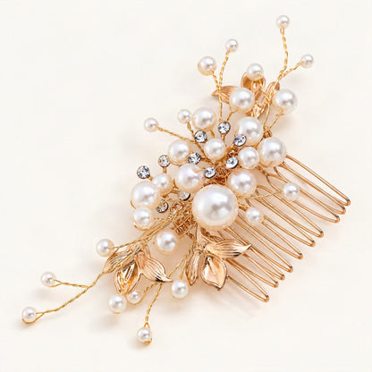 Pearl and leaf bridal comb - angled detail [FITINY Hair]