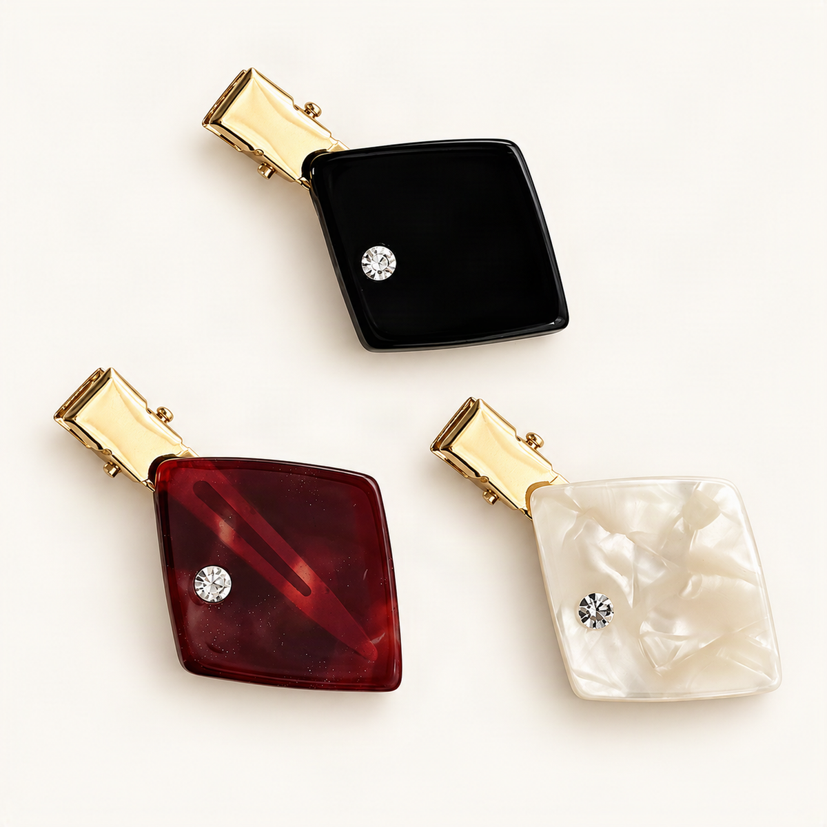 5.4 cm Acetate Side Hair Clip with Rhinestone Detail — black, red and white square variants [FITINY Hair]