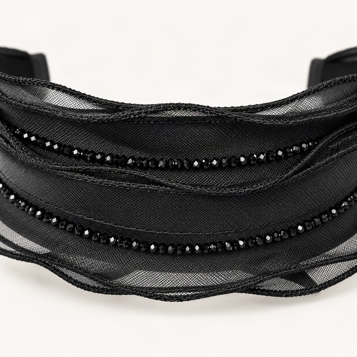Black layered mesh headband material and rhinestone trim detail [FITINY Hair]