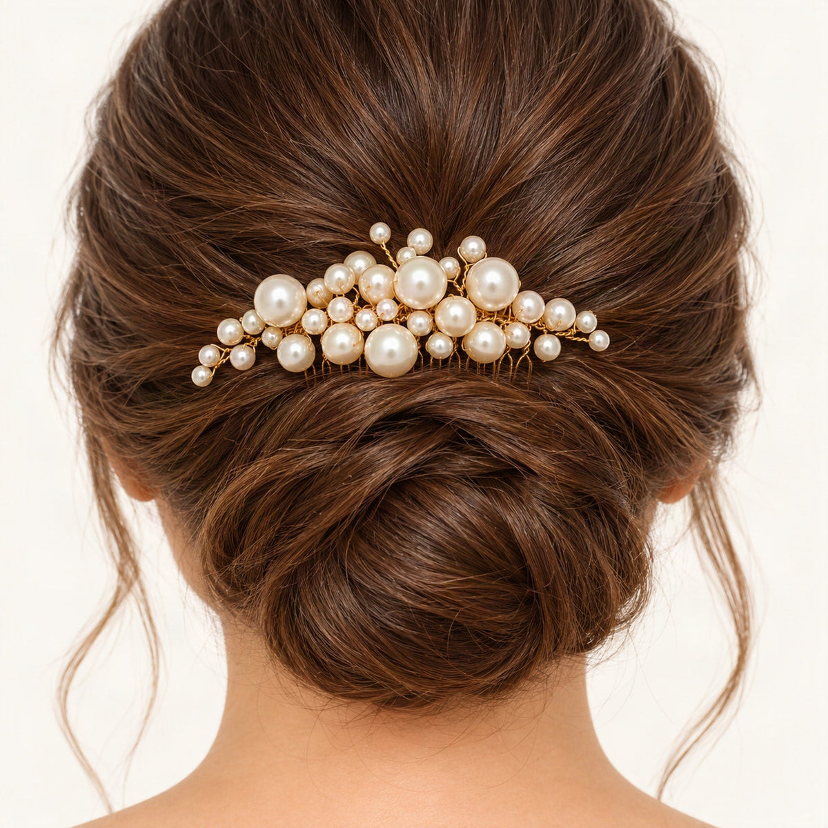 Large pearl bridal comb - rear low bun styling [FITINY Hair]