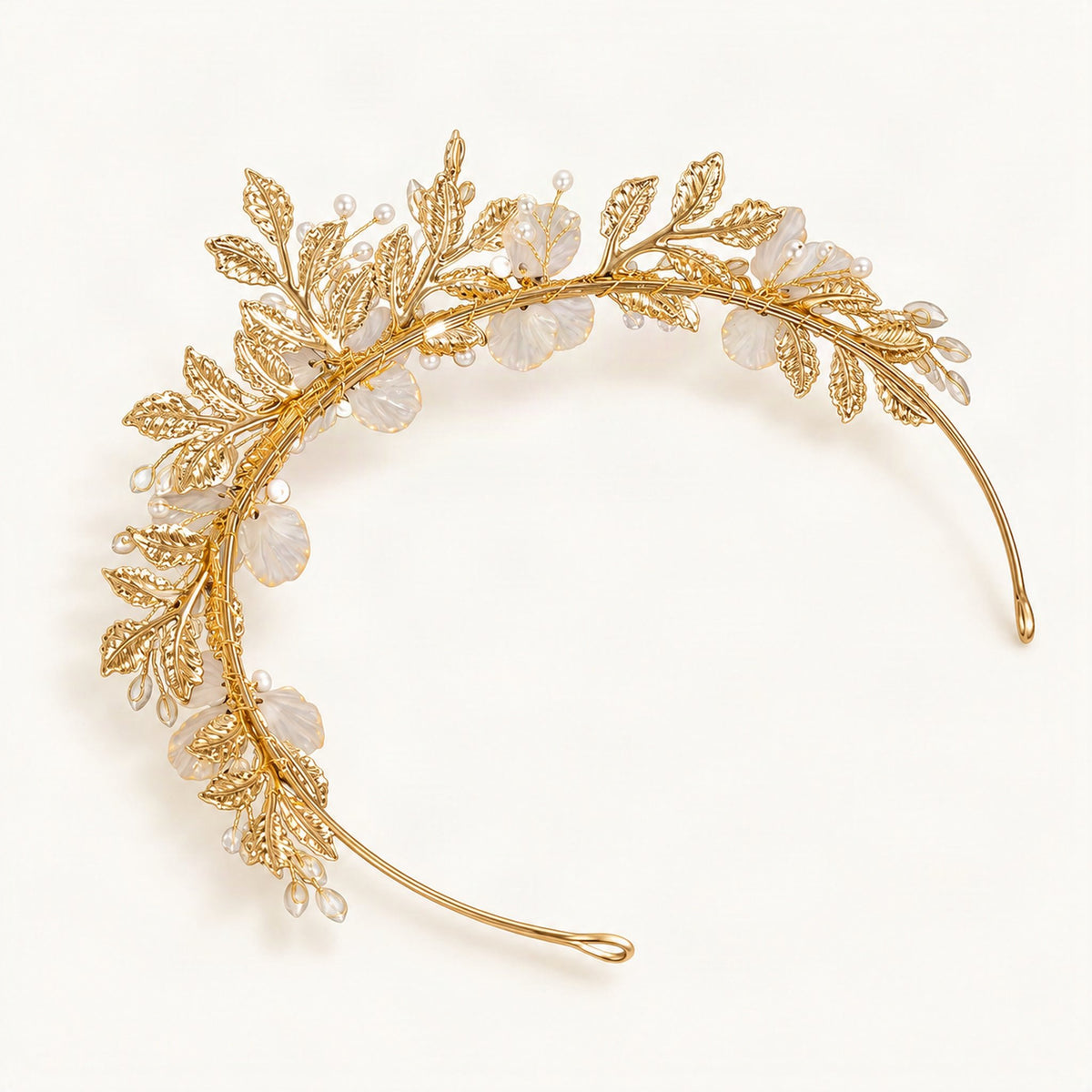Faux Pearl Rhinestone Bridal Floral Hair Crown Set — gold crown rear detail on warm ivory [FITINY Hair]