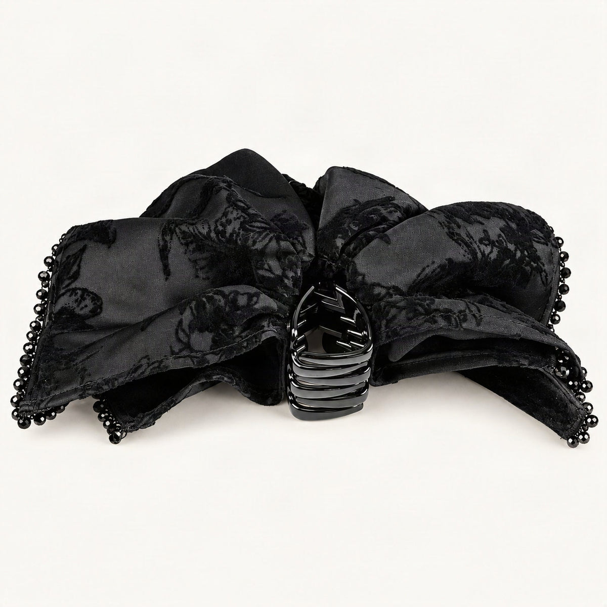 Draped Floral Velvet Claw Clip in Black, back view [FITINY Hair]