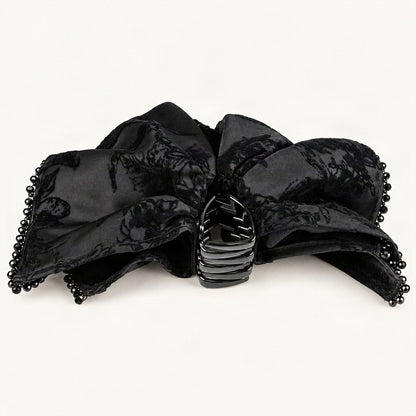 Draped Floral Velvet Claw Clip in Black, back view [FITINY Hair]