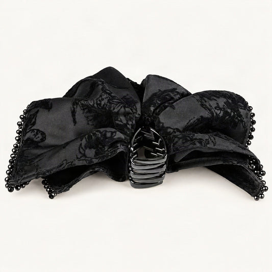 Draped Floral Velvet Claw Clip in Black, back view [FITINY Hair]