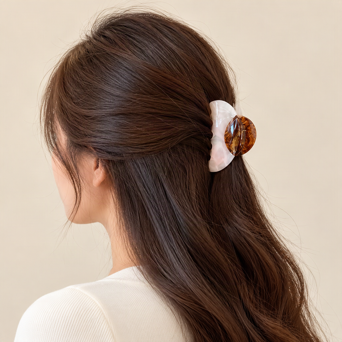 Large Acetate Claw Clip, 3 in, Woodgrain — Mermaid finish worn in a half-up hairstyle [FITINY Hair]
