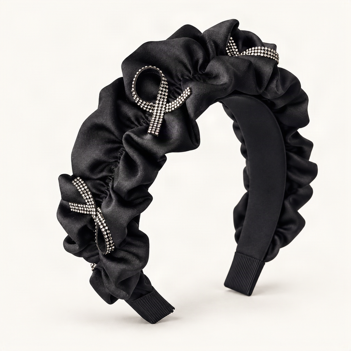 Rhinestone Bow Satin Padded Headband with Ruffled Trim — black ruffled satin headband side profile [FITINY Hair]