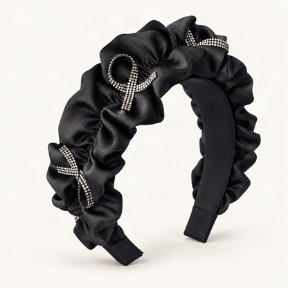 Rhinestone Bow Satin Padded Headband with Ruffled Trim — black ruffled satin headband side profile [FITINY Hair]