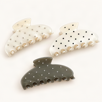 Cellulose Acetate 10 cm Polka Dot Rhinestone Claw Clip — three finishes together [FITINY Hair]