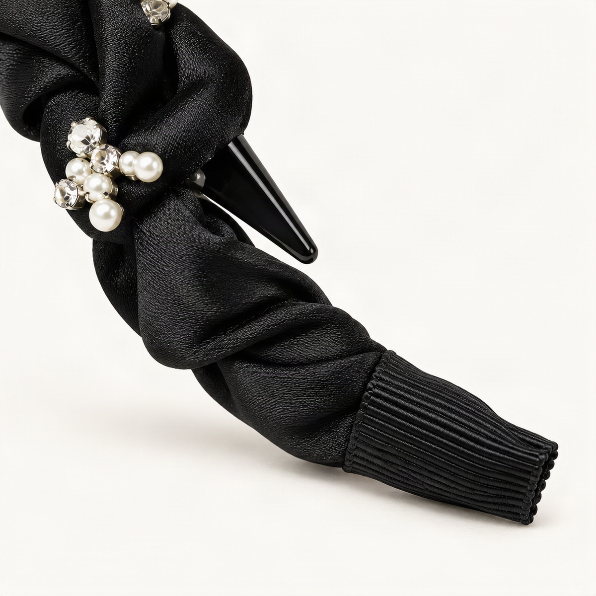 Satin Pearl Rhinestone Headband — black satin headband tip and inner tooth detail [FITINY Hair]