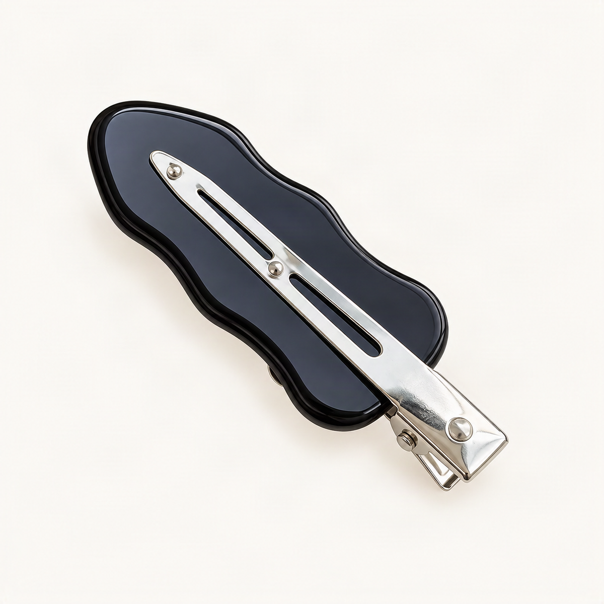 Acetate Side Hair Clip with Metal Flower Detail — black clip underside and metal clasp [FITINY Hair]