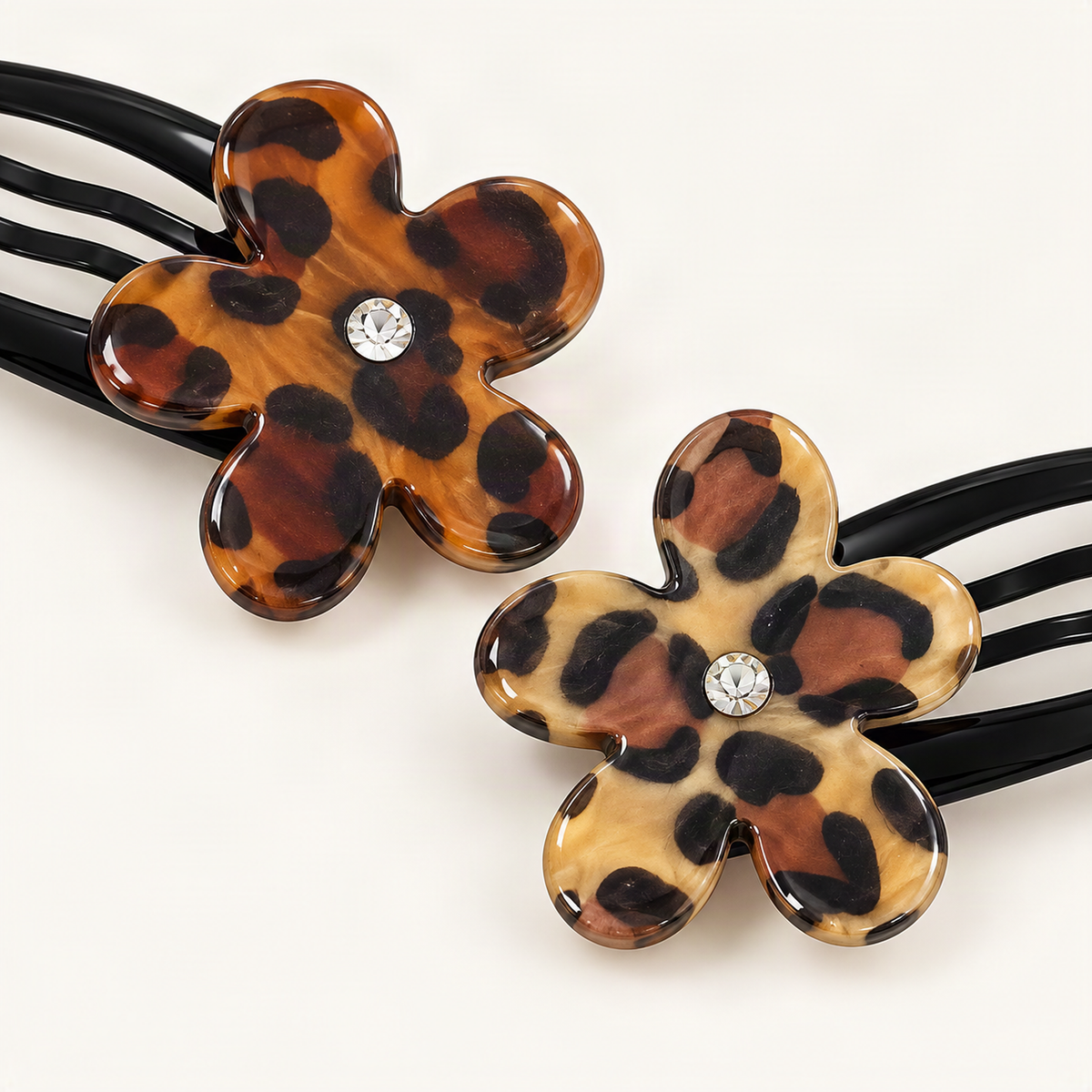 Chocolate Leopard and Latte Leopard acetate flower and rhinestone details [FITINY Hair]