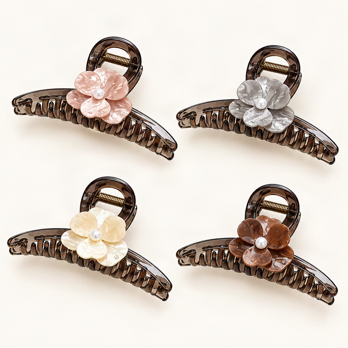Pink, Chocolate, Grey and Cream floral acrylic claw clips on warm ivory [FITINY Hair]
