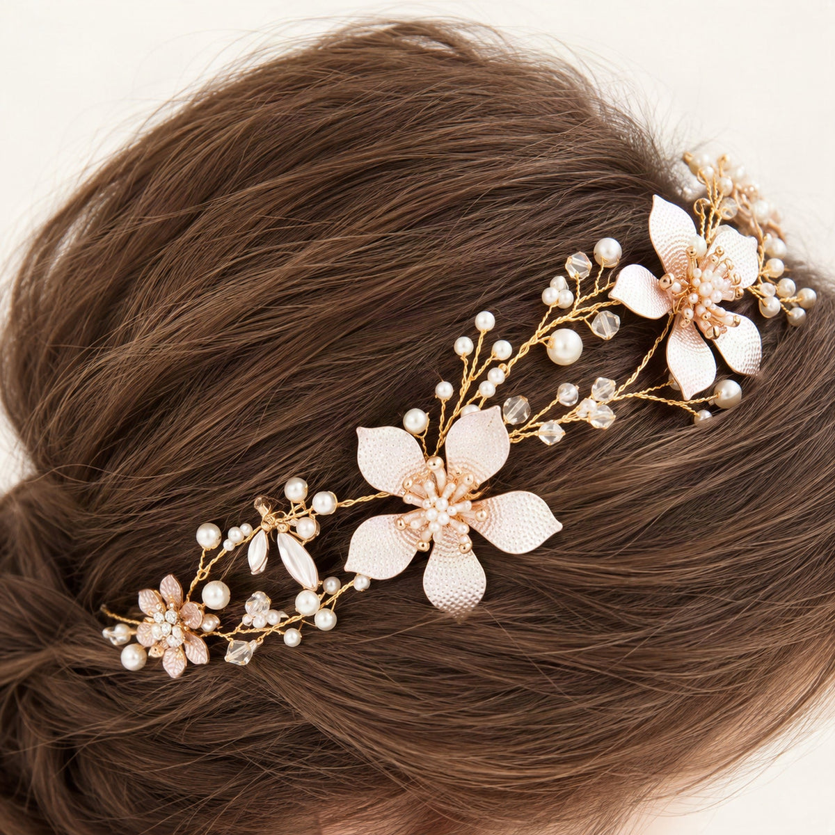 Flower and Faux Pearl Bridal Hair Vine, detail view [FITINY Hair]