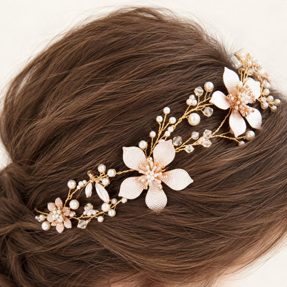 Flower and Faux Pearl Bridal Hair Vine, detail view [FITINY Hair]
