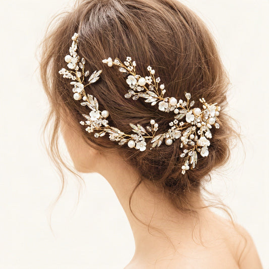 Gold bridal hair vine rear worn styling [FITINY Hair]