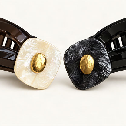 Black and Champagne & Chocolate claw clip ornamental plate details on warm ivory [FITINY Hair]